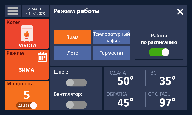 AVANTerm: главный экран с включённым режимом работы по расписанию